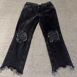 Free People We The Free Jean Women 27 Black Denim Distressed Frayed Hem Straight